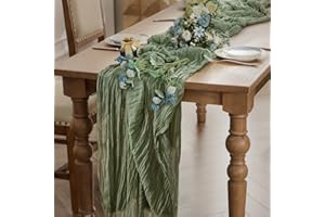 WAITER TREE Cheesecloth Table Runner 2pcs for Dining Table Sage 90x300 cm - Boho Gauze Long Rustic Sheer Table Runners for Baby Bridal Shower Wedding Birthday Decorations - Sage Green