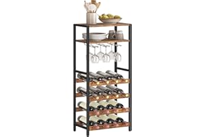 HOOBRO Wine Racks, 16 Bottle Wine Holder Display Storage Shelves, Wooden Wine Rack Free Standing with Glass Holder, Bar Shelves, Tall, Industrial, for Kitchen, Cellar, Rustic Brown EBF04JJ01