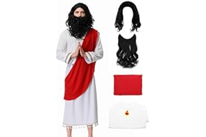KUKIKUKI Gesù Costume Biblico Veste Pastore Halloween Cosplay Religioso Outfits con Parrucca Baffi Set per Adulto