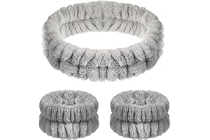 Chuangdi 3 Stück Spa Gesicht Stirnband Handgelenk Waschbänder Set Weiches Makeup Haarband Elastisch Handgelenk Schweißband Flauschiges Kosmetik Stirnband für Damen Mädchen (Grau, Reiner Stil)