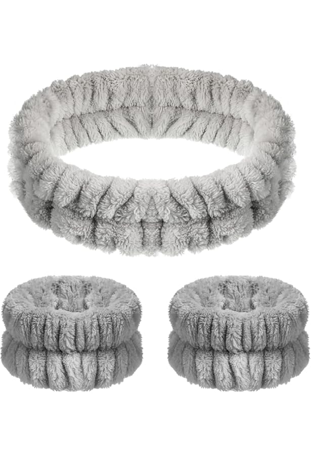 Set Bandeau De Cheveux Et Bracelets De Lavage En Microfibre - Pour Spa, Maquillage, Lavage Du Visage - Beige