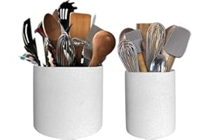 OLLY & ROSE Set di 2 portautensili in ceramica indurita, bianco con punteruoli neri, 14 cm + 11 cm, porta utensili da cucina e uso bagno