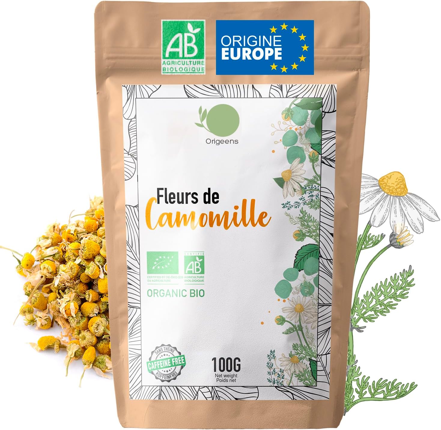 ORIGEENS INFUSION CAMOMILLE BIO Origine Europe 100g | Infusion vrac, Tisane Sommeil et Digestion - Fleurs de Camomille Allemande - Sauvage Bio