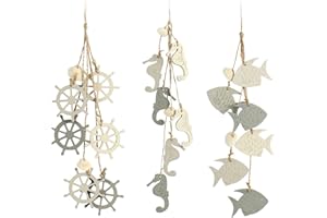com-four® 3x hanging decoration Maritime - decoration for hanging - steering wheel, fish and seahorse with shell - hanging decoration made of wood (3 pieces - grey/white)