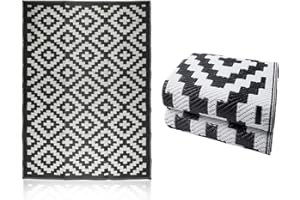 GBS BROTHERS GBS Lightweight Reversible Portable Rug Modern Stain Water Resistant Non-Fading Plastic Mat - Perfect For Summer Garden Patio Picnic Deck Beach - Indoor/Outdoor (Black, 150 x 240cm)