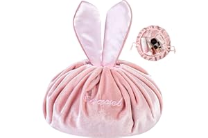 Cisolen Bolsa de cosméticos portátil con cordón, Bolsa de cosméticos de Viaje Perezosa Rosa, Bolsa de Maquillaje Grande con Lindas Orejas de Conejo para niños, Mujeres y niñas