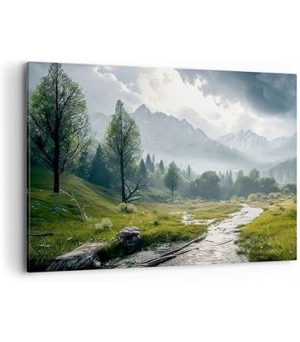 Tableau Sur Toile Paysage Montagnes Prairie Forêt 120x50cm - Décoration Murale Moderne