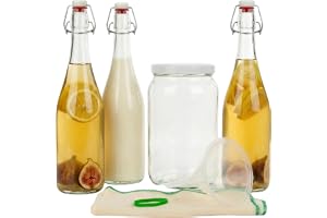 myFERMENTS - Kit för Probiotiska Drycker | Kombucha, Kefir, Öl | Innehåller 2L Glasburk, 3 Lufttäta Glasflaskor 750ml, 10cm Tratt och Muslinduk