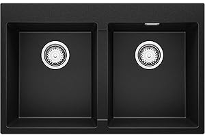 Fregadero Cocina 78 x 50 cm, Fregadero Granito 2 Senos + Sifón Clásico, Fregadero Empotrado con Escurridor Oslo 80 Twin de Primagran, Negro