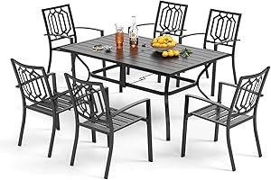 PHI VILLA Gartenmöbel Set Wetterfest 7-teilig mit rechteckigem Tisch und 6 Outdoor Stapelbare Gartenstühlen Terrassen Outdoor Bistro Garten Möbel Sets Metall Schwarz