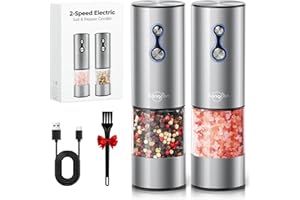 SANGCON-EP Sangcon 2-Speed ​​Electric Salt and Pepper Grinder Set, 500MAh Large Capacity Rechargeable Stainless Steel Automatic Salt and Pepper Grinder, Dual LED Light with Dust Cover,Adjustable Grinding（Silver）