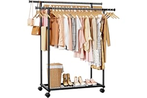 Sakugi Clothes Rail - Double Rod Clothes Rack with Fixed Extension Rod & Universal Wheels, Clothing Rail with Built-In Shelf for Closet Organizers and Storage, 98cm x 42cm x 150cm, Black