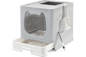 Suhaco Lettiera Pieghevole per Gattini, Lettiera per Gatti con Ingresso Dall'alto con Coperchio, Lettiera per Gatti Coperta con Paletta per Lettiera e 2-1 Spazzola per la Pulizia (Grigia)