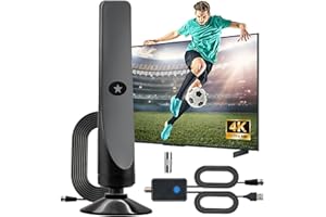 HUGWAIT Antena TV Interior Potente con Amplificador, HDTV Digital con Ventosa y Cable Coaxial de 3m, Recepción 4K 1080P, Canales Locales VHF UHF DVB-T2, Diseño Compacto y Fácil Instalación