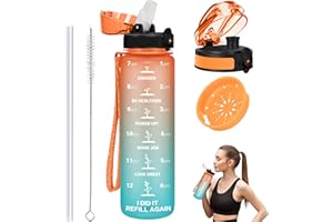 GOPPUS 1L/32oz Bouteille d'eau avec Paille Motivational Étanche Boissons Bouteille avec Marquages de l'heure Tritan Bouteille de Sport pour l'école de Gym Grande Sans BPA avec 2 Couvercles