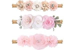 FANGEHONG 3 Pcs Baby Haarband Mädchen 0-3 Jahre, Stretchy Nylon Baby Stirnband mit Blumen Spitze Perle, Stirnbänder Neugeboren Weich Niedlich Floral Haarbänder Dünne, Haarreif für Kleinkind Party Fotografie (D)