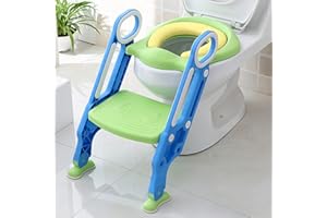 YUENFONG Toilettensitz Kinder Toilettentrainer mit verstellbarer Treppe, Klappbarer Töpfchentrainer Toiletten Mit einem PU Kissen, Höhenverstellbar 38-42 cm für Kinder von 1-7 Jahren (Blau und Grün)
