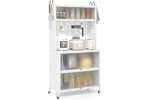 COSTWAY Szafka kuchenna wysoka, regał kuchenny na kółkach, szafka bufetowa z drzwiami składanymi, tablica wtykowa, haki i ochrona przed przewróceniem, regał stojący, wysoka szafka, do kuchni, jadalni