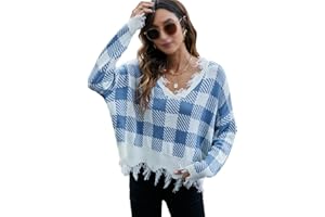 tinetill Knitted Jumper Women's Ripped Short Pullover Long Sleeve V Neck Top Loose Fine Knit Jumper Y2K Jumper with Floral Pattern Tassels Knitted Jumper Streetwear