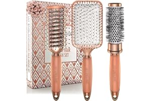3x Brosse à Cheveux. Inclus Brosses Ronde, Plate et Squelette - kit Professionnelle Idéal Pour Démêlante, Sécher et Coiffer, Lily England (Or Rose)