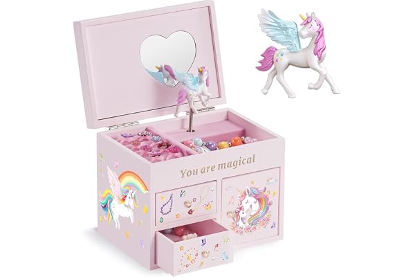 Lolalet Boîte Bijoux Enfant Licorne, Boite à Bijoux Musicale Filles, Boîte Musique Bois, pour Ranger Colliers Bracelets Bagues Montres -Rose