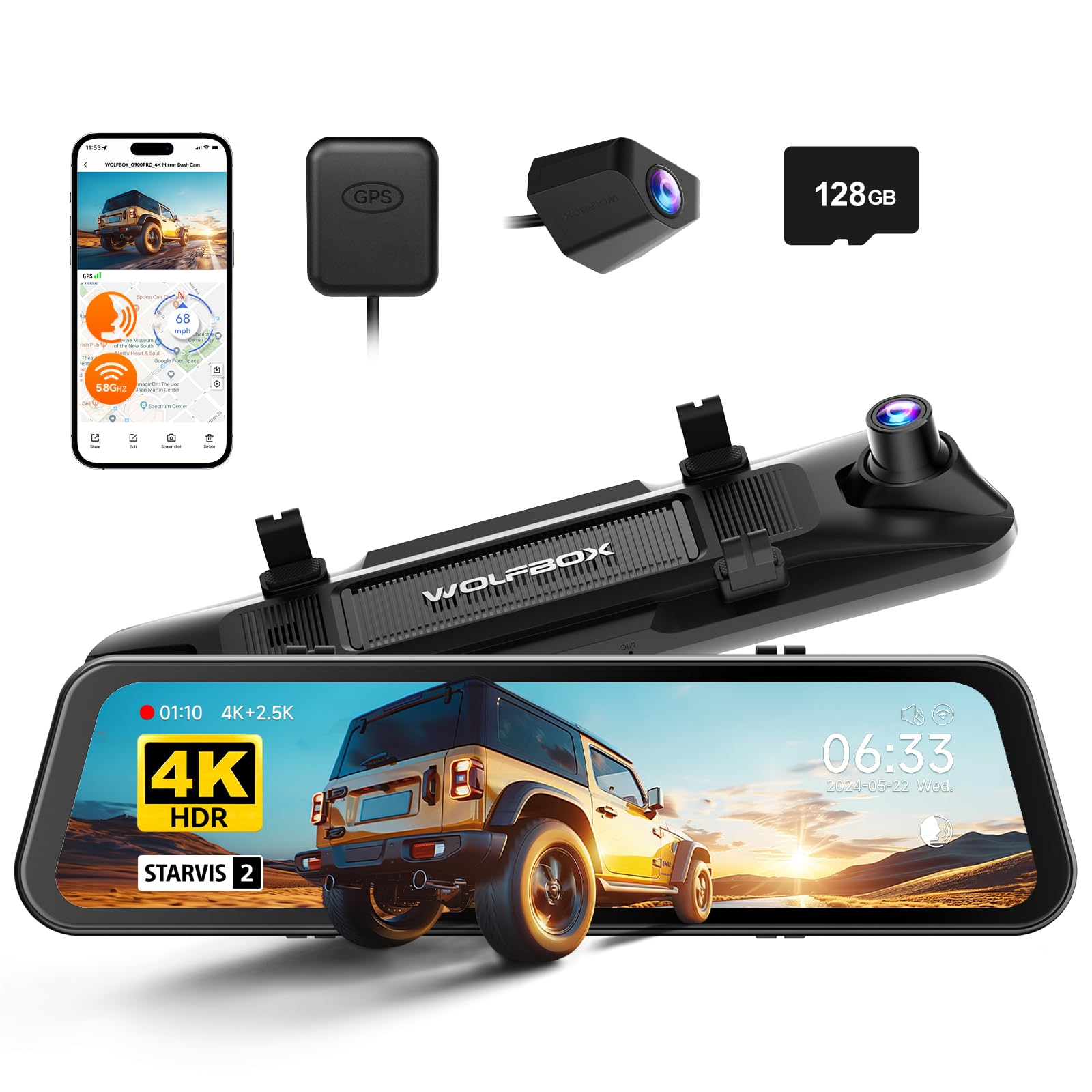 WOLFBOX G900 PRO 12" Mirror Dash Cam – Front 4K + Rear 2.5K Dual Recording, STARVIS 2 IMX678 Sensor, 128GB Card, Voice Control, 5.8GHz WiFi, Loop Recording, G-Sensor & GPS