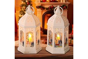 AXVRAV 2 Stück Weihnachtsdeko Laterne, 17cm Weihnachtslaterne mit Elch & Schneemann, Warmweißes LED Licht Batteriebetriebenes Windlicht Weihnachten für Innen und Außen Tischdeko & Hängedeko