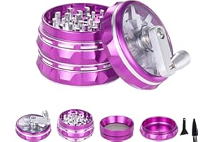 TIRIRS 2.5" 4 Pieces Hand Cranked Clear Top Herb Grinder - Aluminium Spice Grinder with Pollen Scraper and Cleaning Brush, Foldable Handle - Purple and Silver.