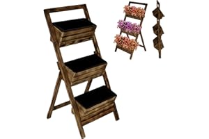 CAWI Macetero de varios pisos con macetas de plástico, diseño de madera resistente para balcón y jardín