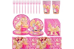 CBOSNF Cartoon Stoviglie per Feste 61Pcs Bar-bie Principessa Stoviglie di Compleanno Bar-bie Party Set Piatti Tazze Tovaglioli Ragazza Forniture per Feste per 10 Persone