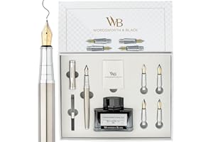 Wordsworth & Black Set regalo penna stilografica, include flacone d'inchiostro, 6 cartucce d'inchiostro,convertitore di ricarica d'inchiostro,5 pennini di ricambio, confezione premium[argento-cromo].