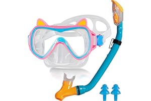 GIBOHOM Gafas de Buceo para niños,panorámicas HD de 180° con Snorkel seco y Lente de Vidrio Templado,Set de Snorkel para niños de 4 a 16 años