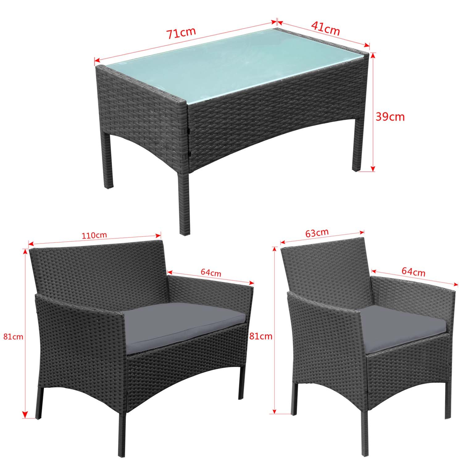 UISEBRT Balkonmöbel Set - Gartenmöbel Set Polyrattan Sitzgruppe Lounge mit 2-er Sofa, Tisch, Singlestühle und Anthrazit Sitzkissen, Schwarz – Bild 3
