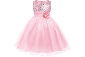 Odizli Vestito da principessa per bambini, senza maniche, con paillette, senza maniche, motivo floreale, per la prima comunione, per il battesimo