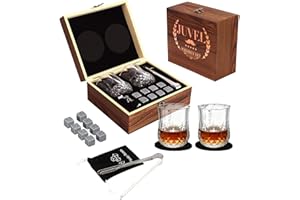JUVEL Piedras de Whisky -Juego de regalo de vaso de whisky,8 piedras de vino de granito, 2 vasos de whisky,Caja de Madera,Pinza para Hielo de Acero Inoxidable,Bolsa de Almacenamiento, Regalo para hombres