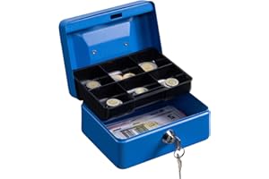 H&S Money Box Tin 6" Steel Cash Safe Box Petty Cash Deposit Tin with Lock 2 Keys - Blue