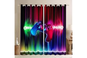 LOUSSIESD Gamer Cortinas térmicas aisladas con diseño de música de roca para dormitorio, cortina de juegos para niños, adolescentes, controlador de videojuegos, tratamiento de ventana, rojo y azul W66*L90