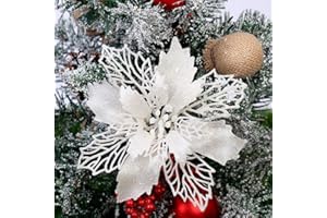 Queta Flores para Árbol Navidad Adornos, 12pcs Flores Artificiales para Decoraciones Árbol Navidad, Guirnaldas Boda Fiesta DIY Diámetro 6.3inch (Blanco)
