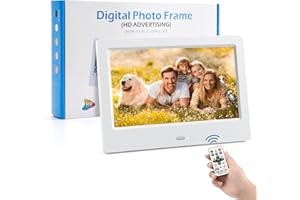 Cadre photo numérique 7" avec écran IPS FHD 1024 x 600, lecteur pour photo/musique/vidéo/calendrier/réveil, avec télécommande, blanc