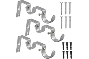 Fodlon 3 PCS Double Curtain Pole Bracket, Heavy Duty Curtain Rod Holders, Adjustable Metal Curtain Rail Support Brackets Set for Wall Window (Silver)