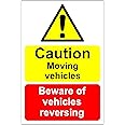Caution moving vehicles beware of vehicles reversing Safety sign - 1mm Plastic sign (300mm x 200mm)