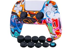 YoRHa Water Transfer Printing Silicone Thickened Cover Skin Case for PlayStation 5 PS5 Controller x 1(Comic Graffiti) with Thumb Grips x 10