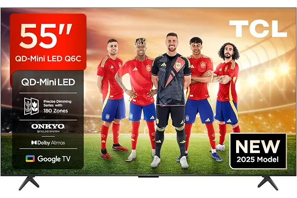 TCL 55Q6C, 55'' QD-Mini LED TV, 4K HDR Premium 1000nits, Powered by Google TV (Dolby Vision IQ & Atmos, Onkyo 2.1 Sound System, 144Hz Motion Clarity Pro, Voice Control)