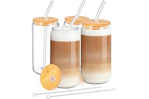 MEIMUCUL Verre avec Couvercle et Paille,500ml Verre Smoothie, Lot De 4 Tasses à Café Glacé avec Paille,Réutilisables Gobelet pour Café Glacé,Cocktail,Soda