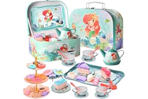 Bindokun 48Pcs Tea Set for Children, Mermaid Kids Tea Set with Carrying Case Tin Children's Tea Sets Including Cake Dessert Cookies Doughnut Teapot Tea Cups Tray Tea Party Set Toy for Kids Age 3+