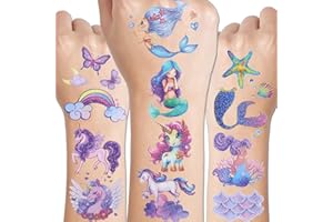 CHARLENT Tatuaggi Glitter Unicorno e Sirena per Bambine - 12 Fogli di Tatuaggi Temporanei Glitter per Feste di Compleanno