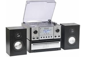 Steepletone HOUSTON XP Silver 6 in 1 Music Centre, Bluetooth Vinyl Record Player, Turntable with CD, Cassette, DAB+ / FM Radio, USB MP3 playback & Encoding, NEW 25Watt High Power Wireless Speakers