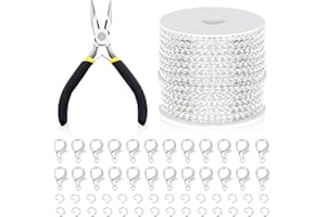 Swpeet 102Pcs Silver 3mm by 10 Yard Length Jewelry Making Chains Kit with Jump Rings, Lobster Clasps and Jewelry Plier, Necklace Chains Flat Cable Link Chain Bulk Ideal for DIY Craft Jewel Making