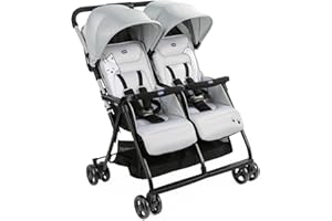 Chicco OHlalà Twin Passeggino Gemellare Doppio da 0 Mesi a 15 kg, Passeggino Leggero Reclinabile e Pieghevole, Poggiagambe Regolabili, Parapioggia e Capottina Estendibile Silver Cat, Grigio