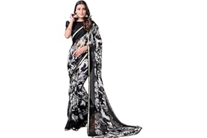 SIRIL Damen-Sari aus Spitze und bedrucktem Chiffon, mit ungenähtem Blusenteil, Schwarz 2, Einheitsgr��e